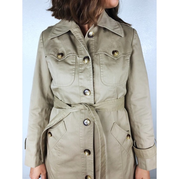 vintage 70s Tan FITTED Belted TRENCH COAT Small short trench coat princess coat - Picture 5 of 10